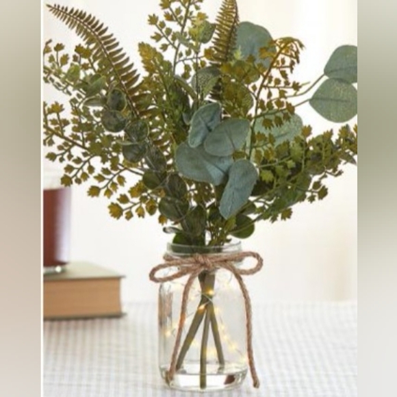 Set of 2 Decorative Jars w/ Battery Operated LED Fairy Lights & Faux Greenery - Picture 1 of 6